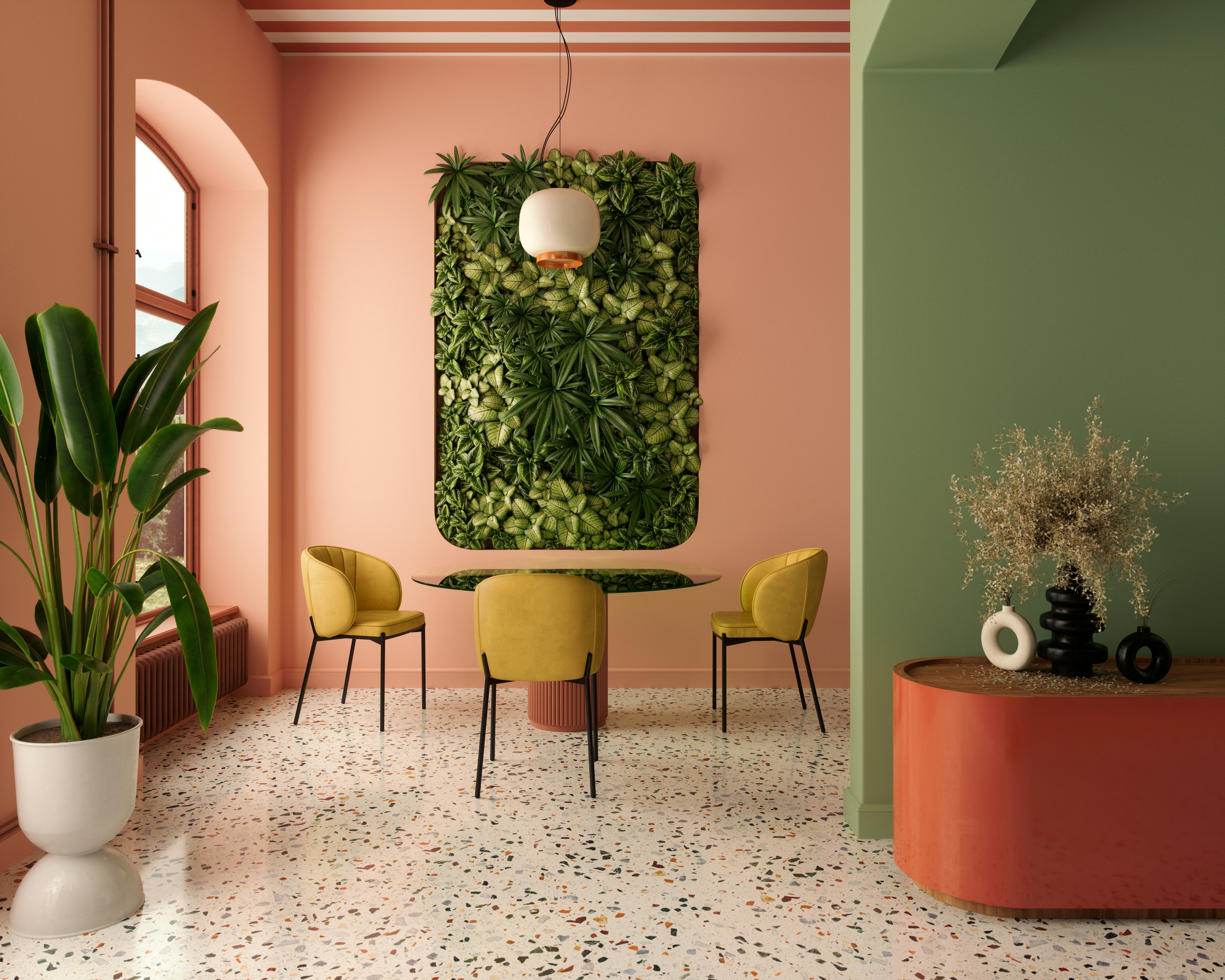 Een modern interieur met natuurlijke materialen, warme tinten en planten, perfect passend bij de trends van 2025.